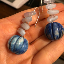 Load image into Gallery viewer, Earrings: carved blue celestite and lace agate on sterling silver.

