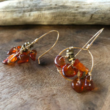 Load image into Gallery viewer, Earrings: Glass half full style in gold fill wire with amber and carnelian beads
