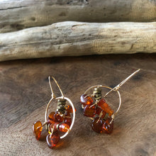 Load image into Gallery viewer, Earrings: Glass half full style in gold fill wire with amber and carnelian beads
