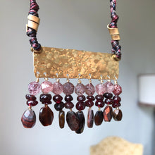Load image into Gallery viewer, Measure Necklace: Brass ruler adorned with tassels of garnet, quartz and tigers eye stones
