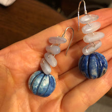 Load image into Gallery viewer, Earrings: carved blue celestite and lace agate on sterling silver.
