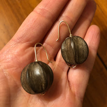 Load image into Gallery viewer, Earring: Carved wood beads on gold fill ear wire
