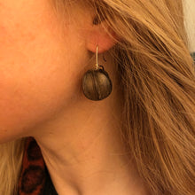 Load image into Gallery viewer, Earring: Carved wood beads on gold fill ear wire
